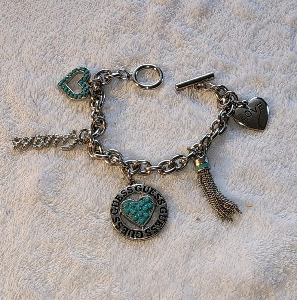 GUESS Silver-Tone Turquoise Heart & Charm Toggle Bracelet - Picture 1 of 11